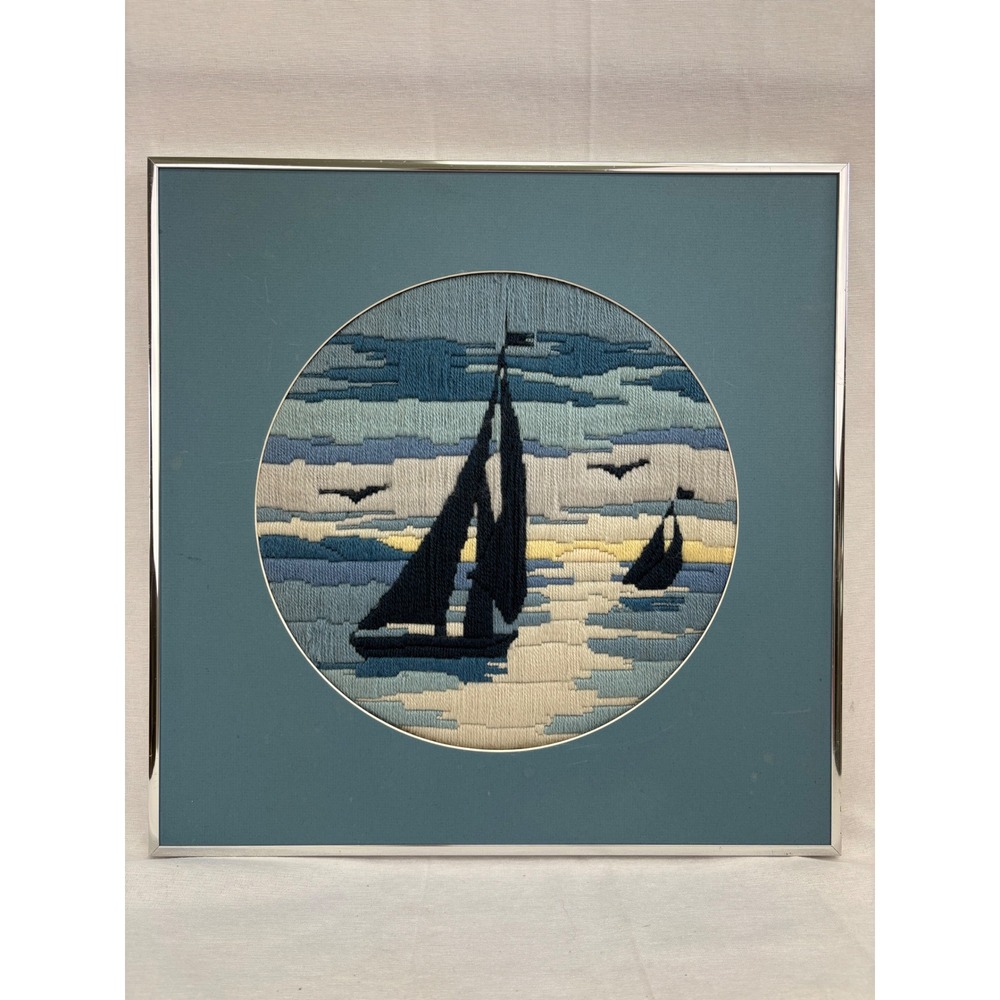 Vintage Sailboat Nautical Crewel Wool Yarn Wall Art Framed Maritime Twilight